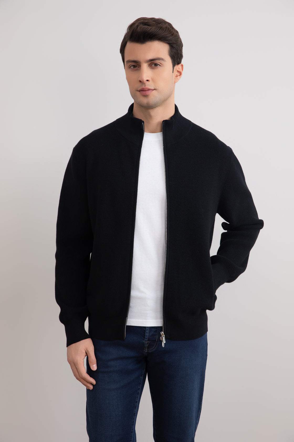 Schwarzer English Rib Cardigan mit durchgehendem Reißverschluss