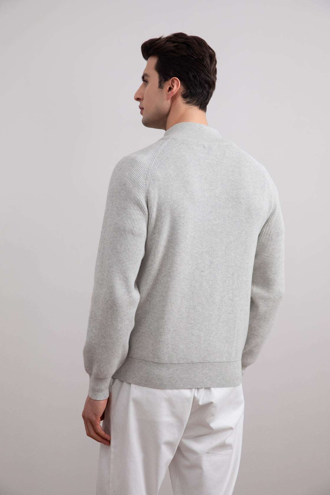 Graue Mélange English Rib Strickjacke mit durchgehendem Reißverschluss