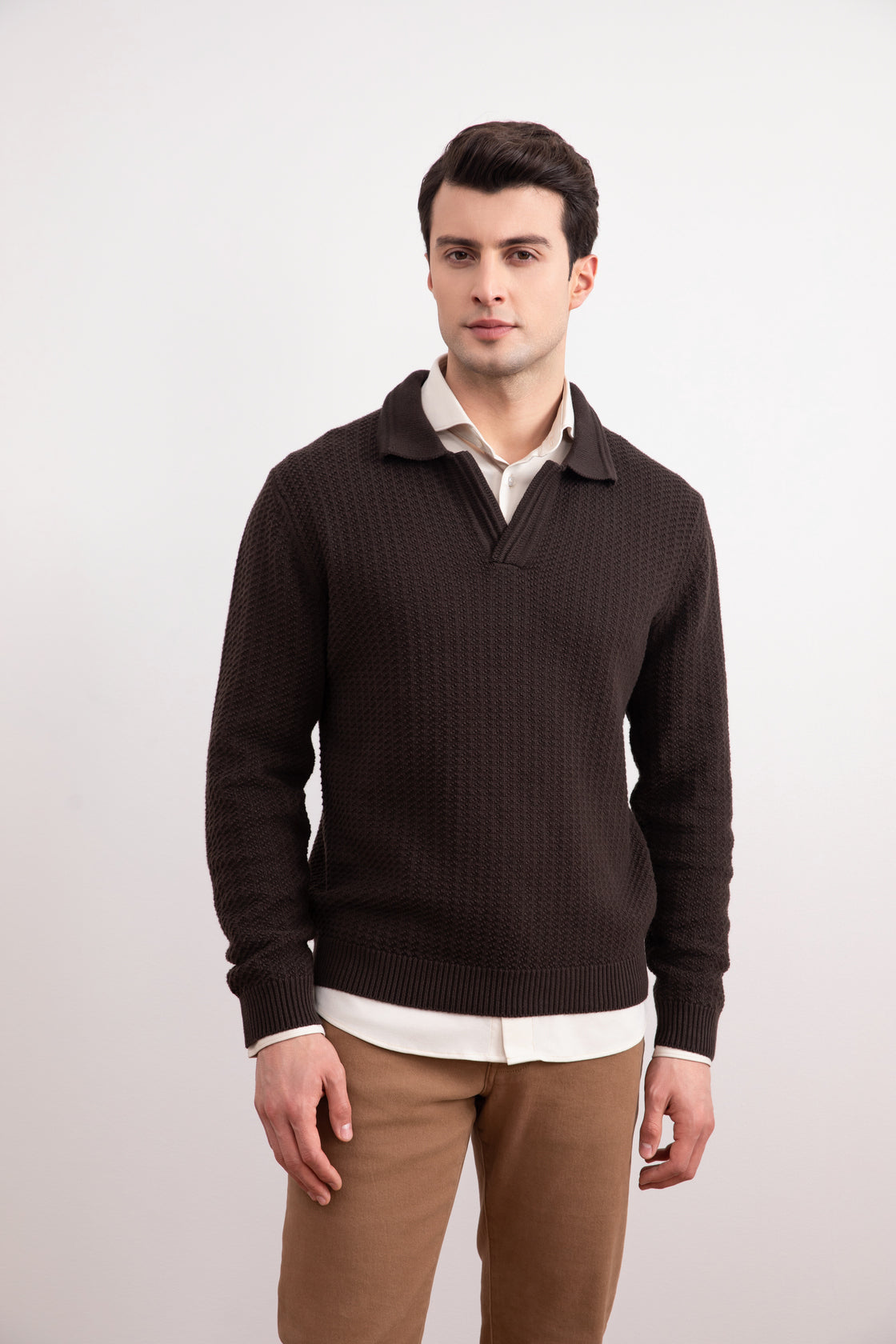 Donkerbruine open polo sweater