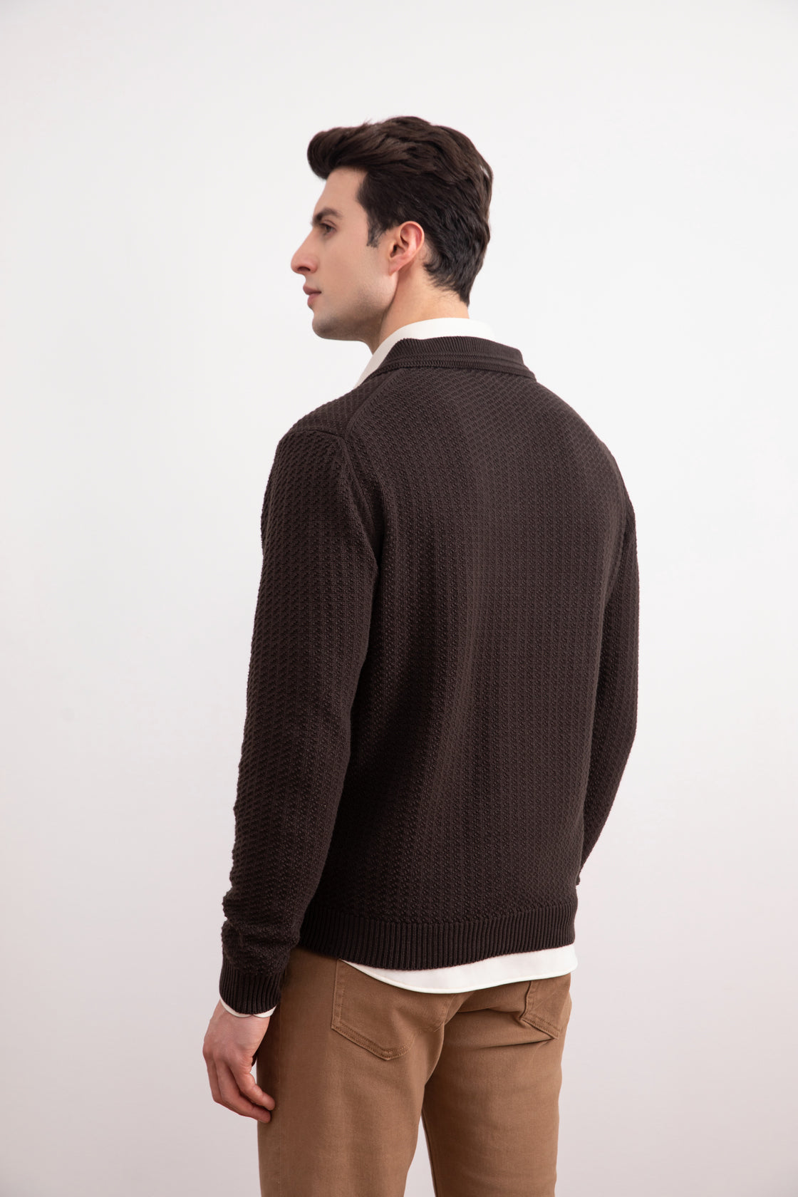 Donkerbruine open polo sweater
