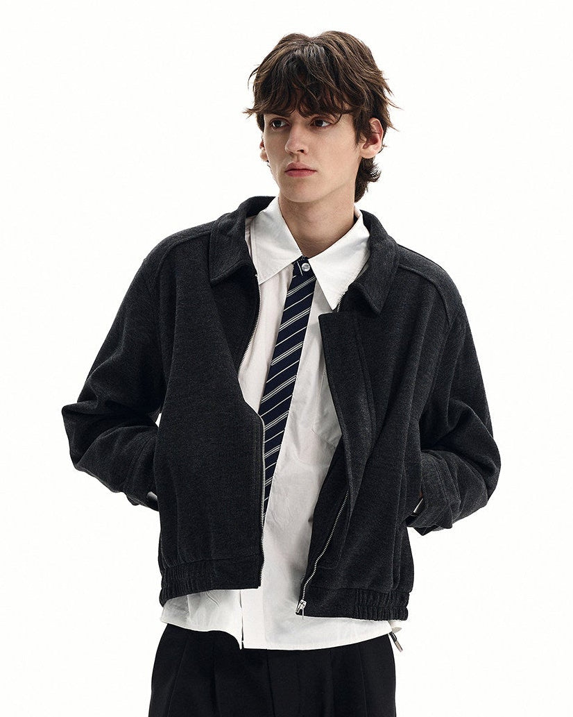 Collared Textured Cotton Zip Jacket