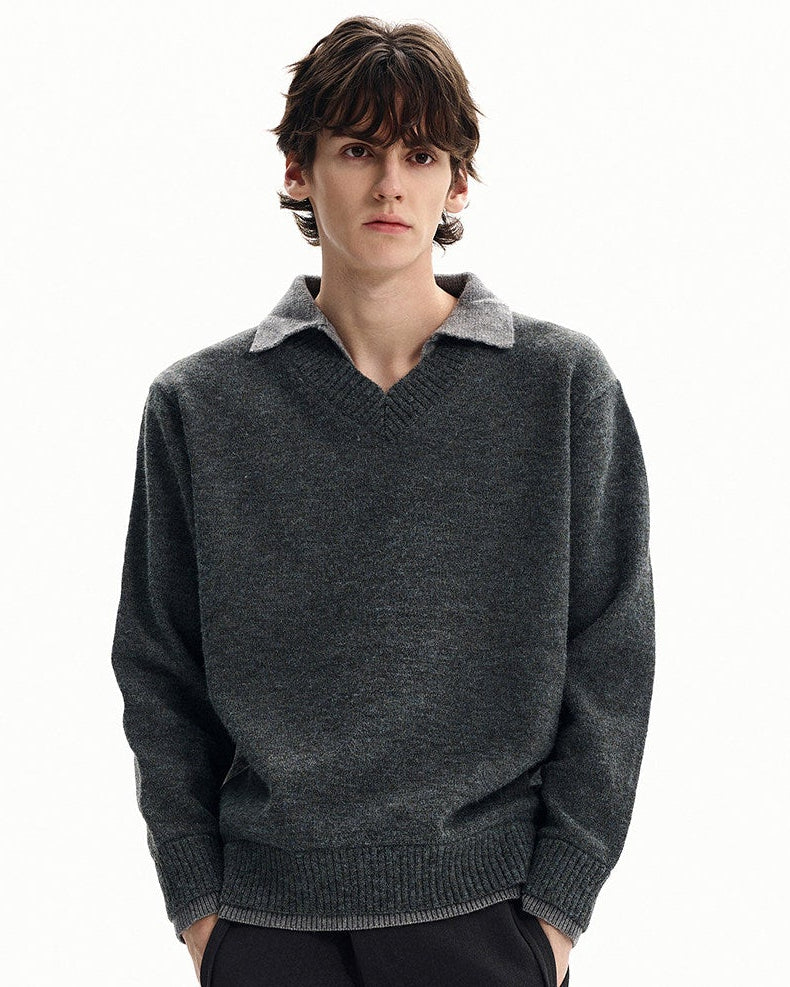 Collared V-Neck Merino Blend Knit Sweater