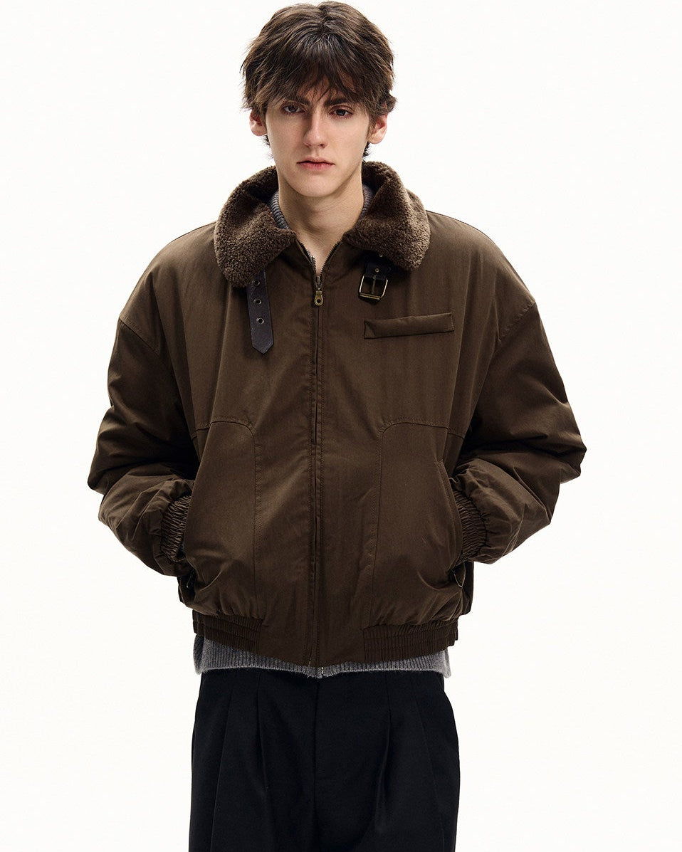 Shearling Collar Canvas Bomber Jacket