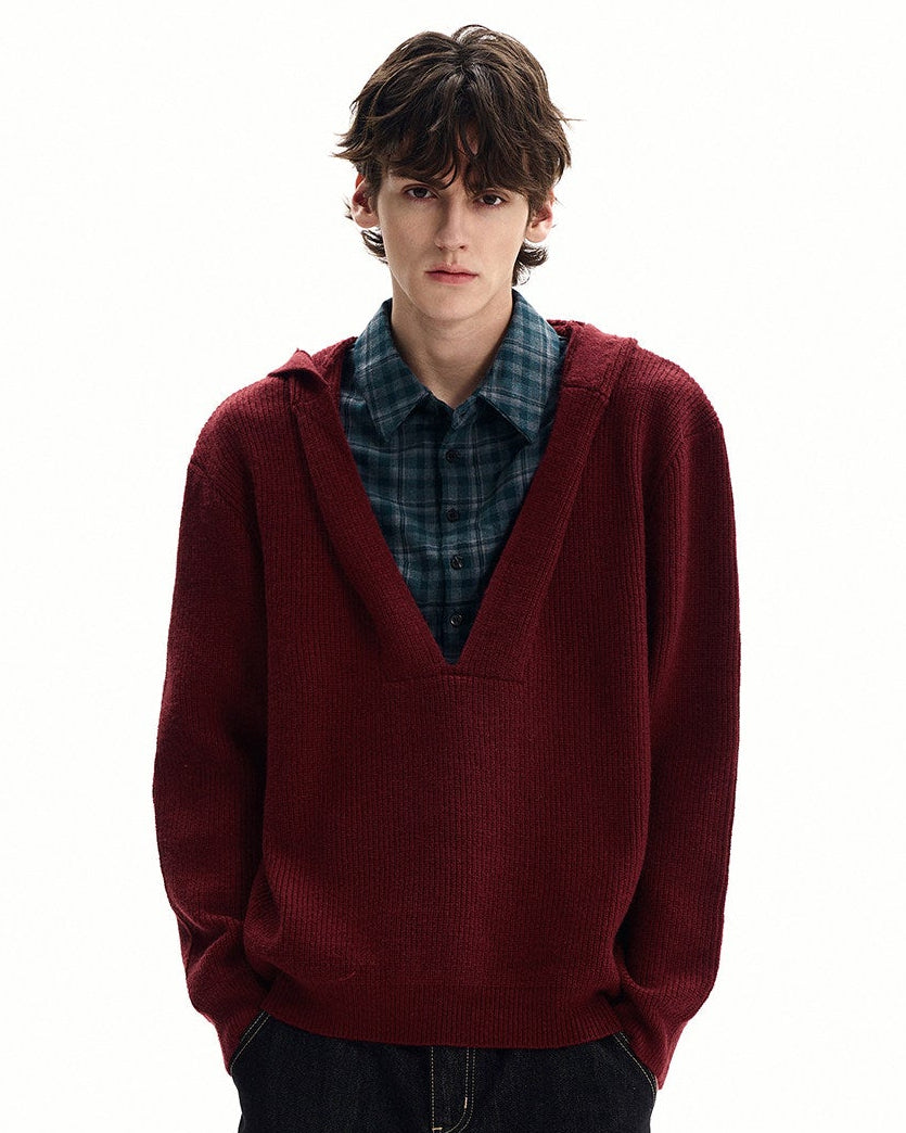 Plaid Insert Hooded Knit Sweater