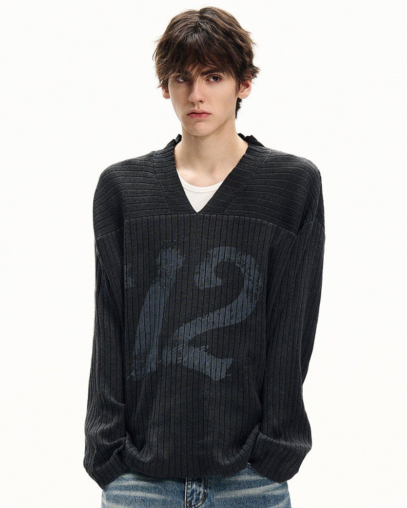Ribbed Graphic V-Neck Sweater
