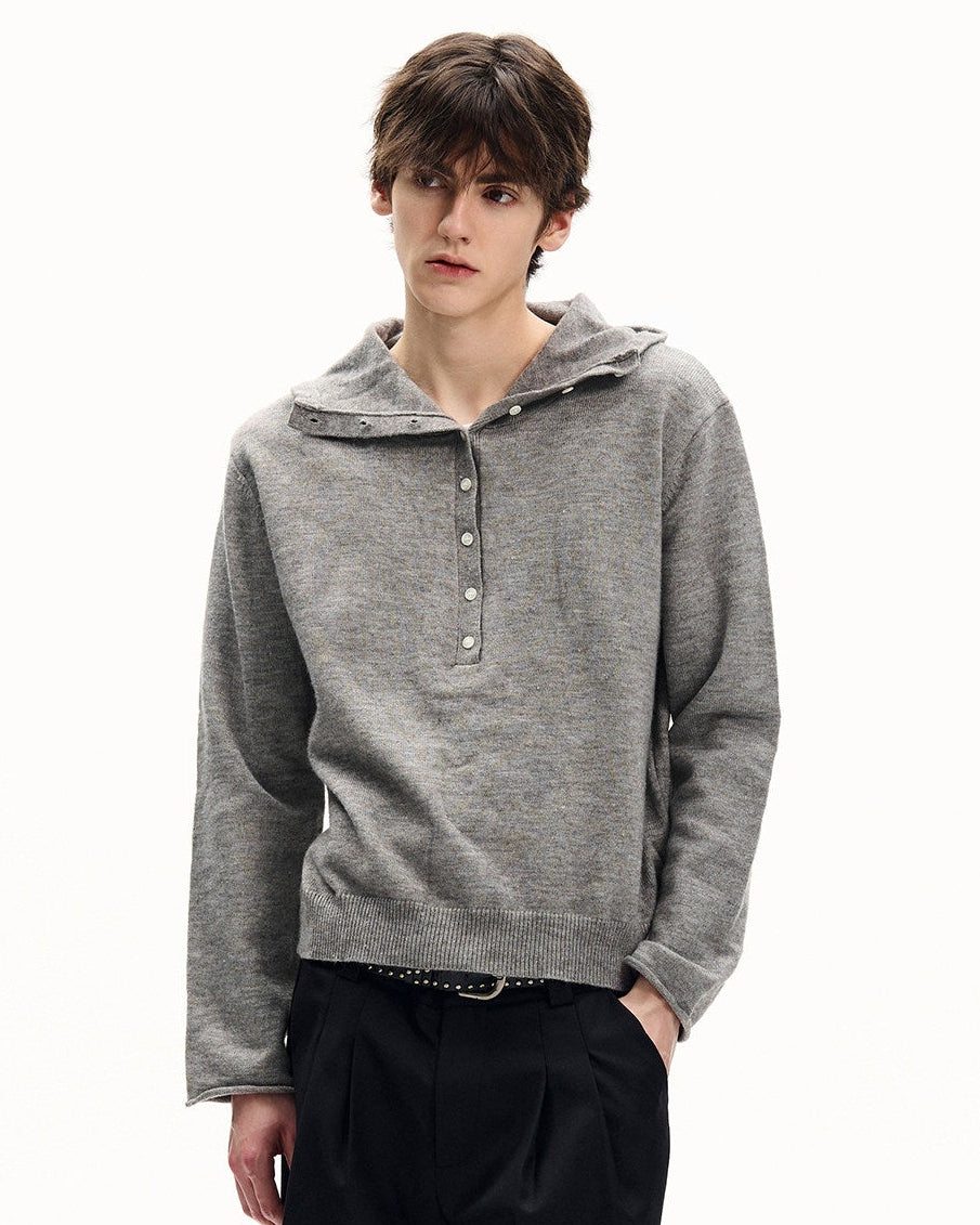 Heathered Knit Hooded Henley Sweater