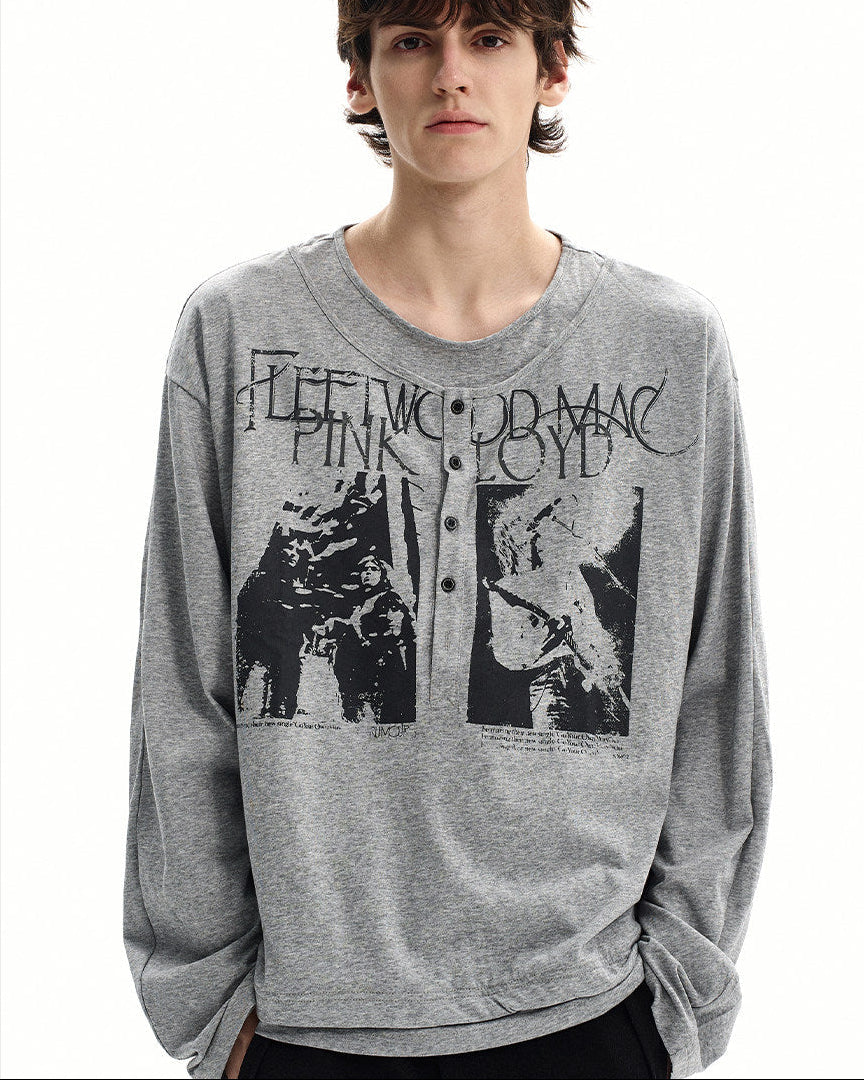 Cotton Graphic Henley Long Sleeve Tee