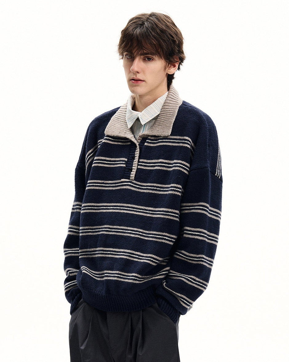 Striped Wool Cotton Polo Sweater