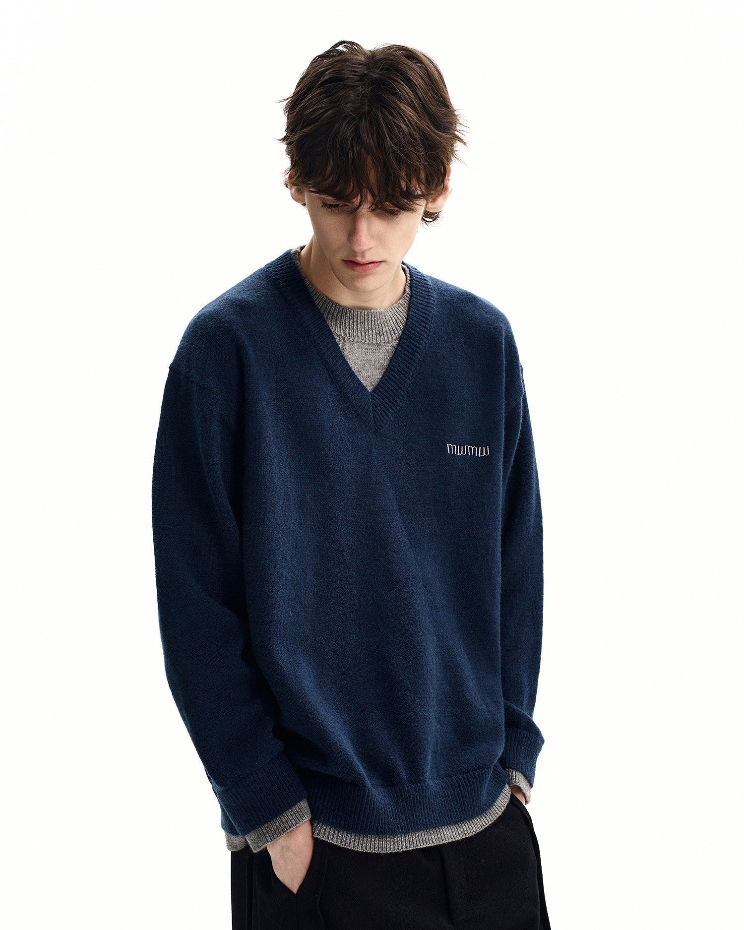 Heather Gray Wool Blend V-Neck Sweater