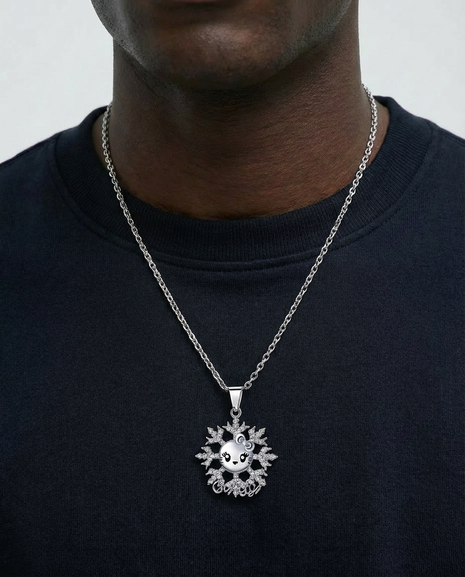Iced Snowflake Kitty Pendant Necklace