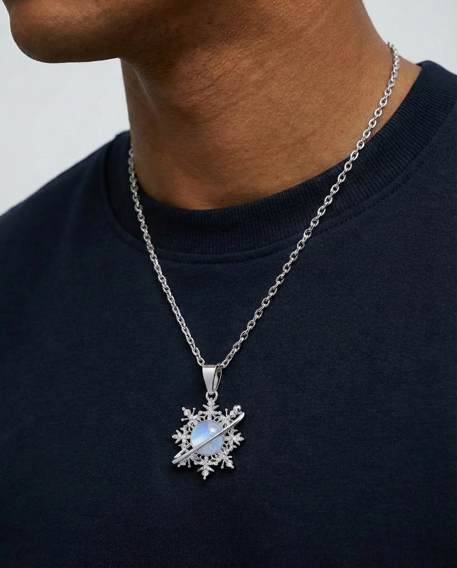 Iced Saturn Snowflake Necklace – Silver Edition