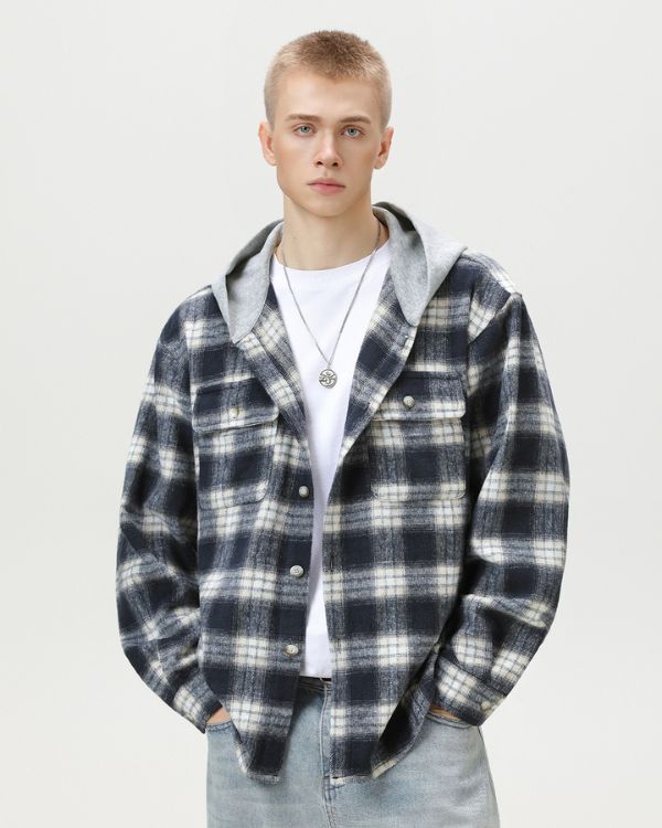 Plaid Hooded Checked Overshirt Cardigan