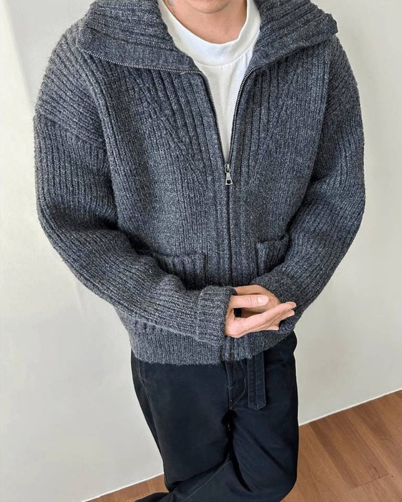 Gerippte Strickjacke mit Reißverschluss aus Wolle