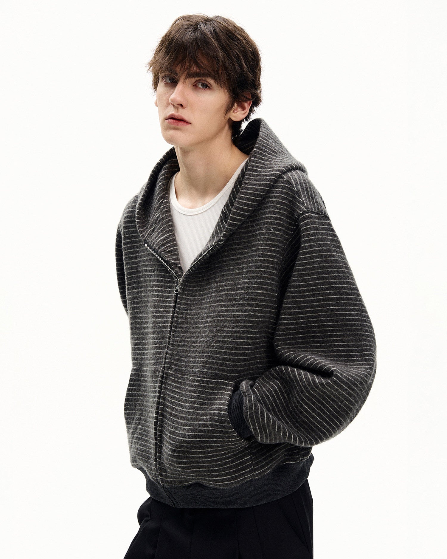 Striped Cotton Knit Zip Hoodie