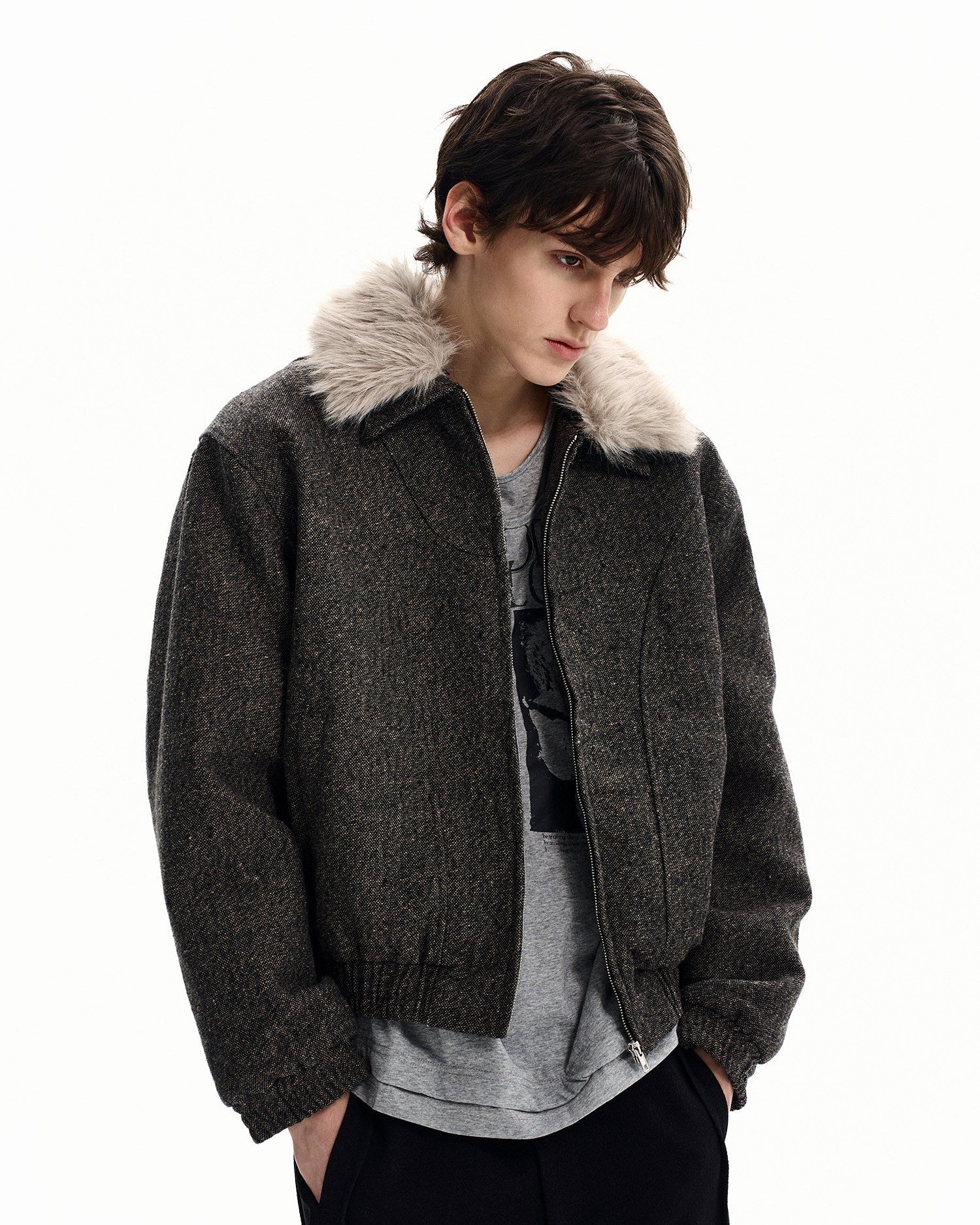 Wool-Blend Jacket with Faux Fur Collar