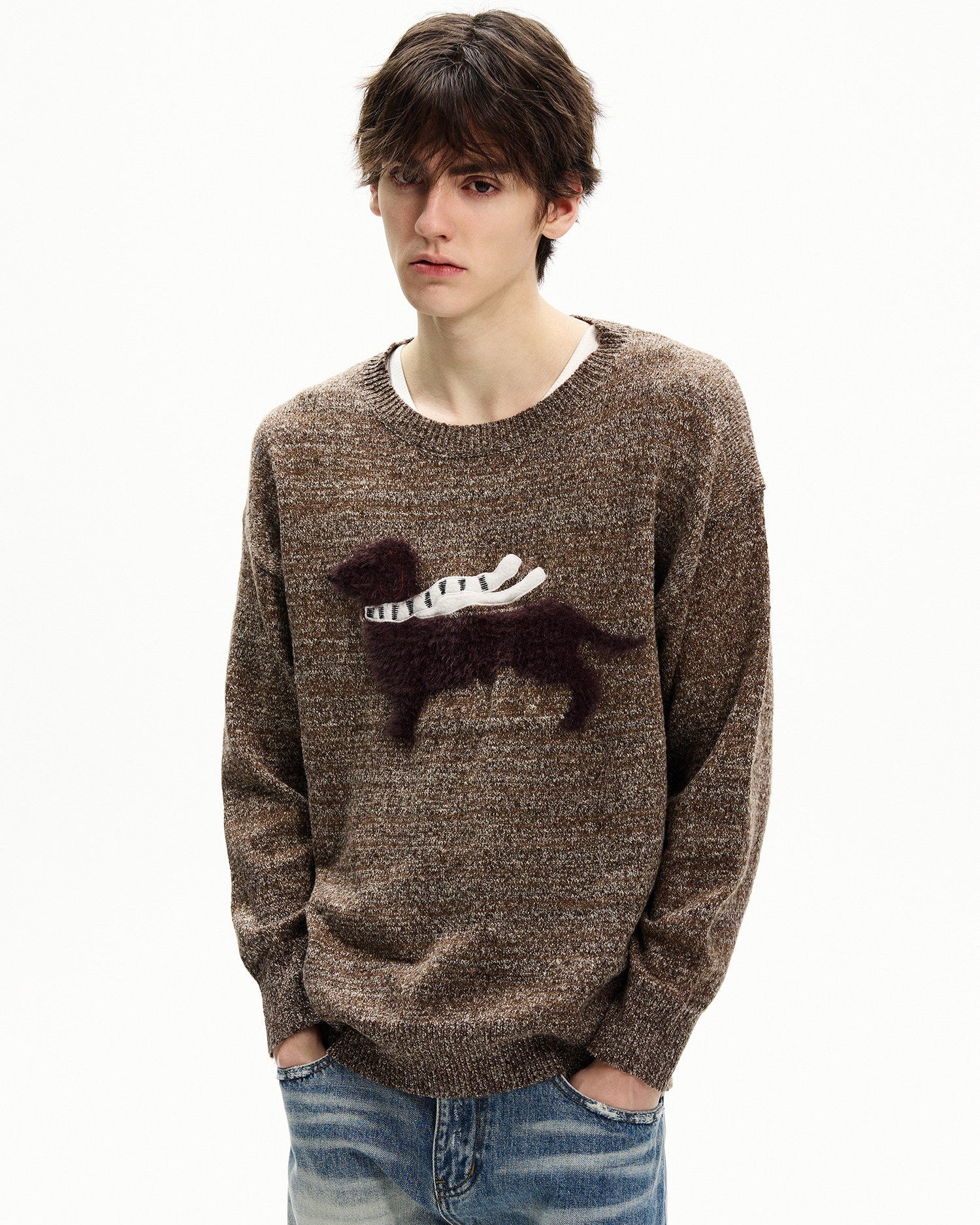 Textured Wool Blend Graphic Crewneck Sweater