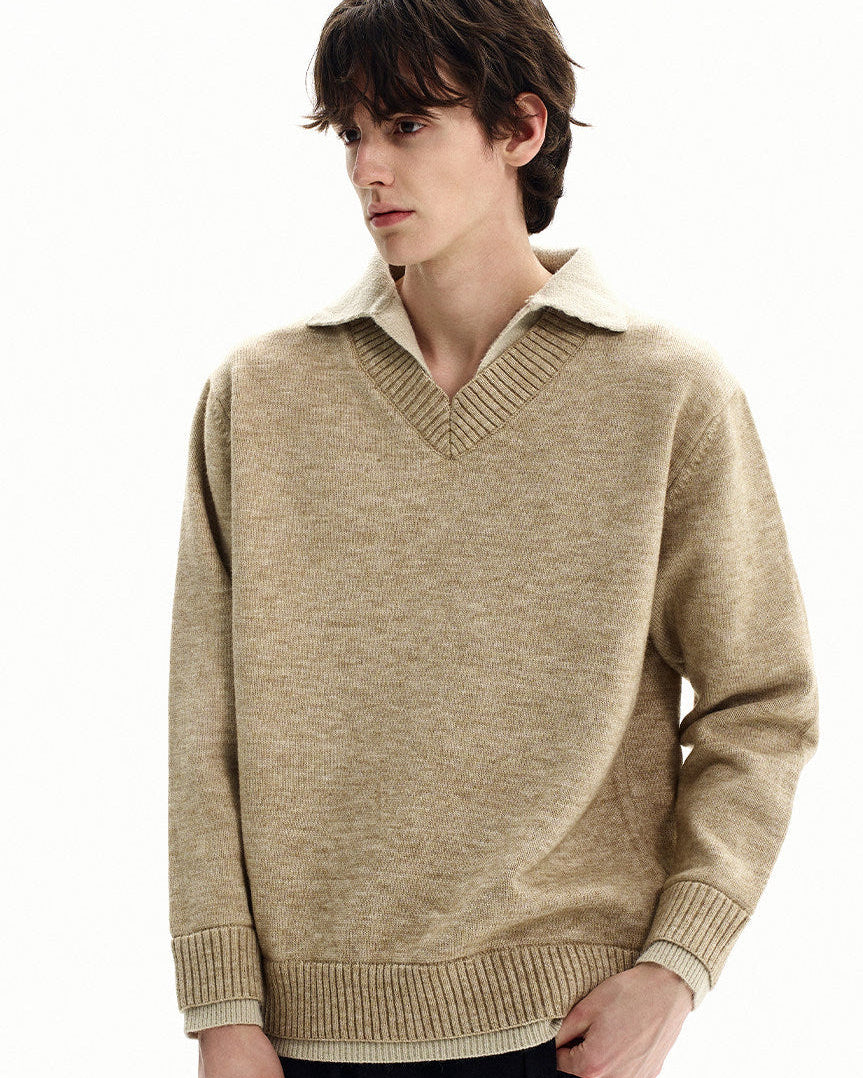 Collared V-Neck Merino Blend Knit Sweater