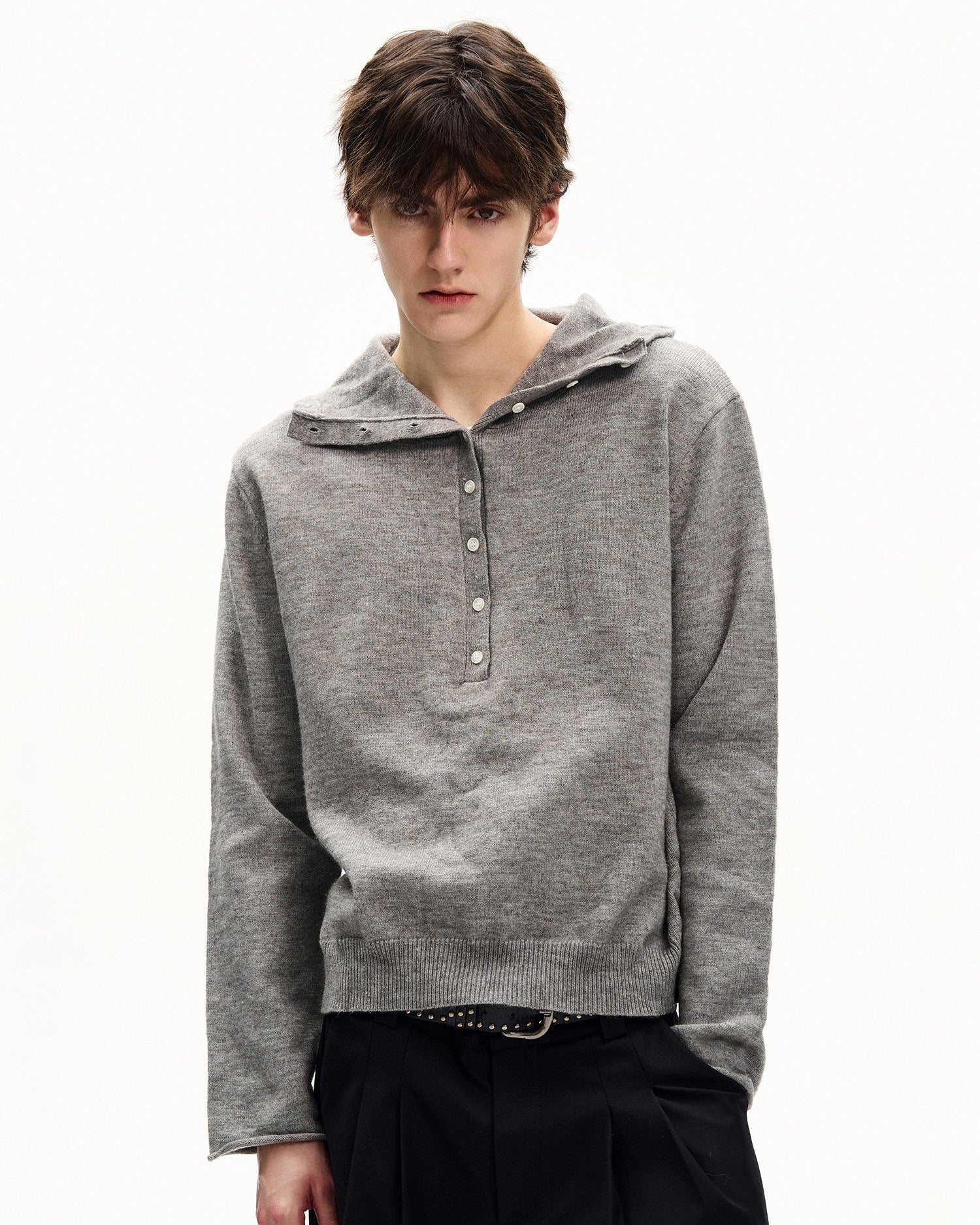 Heathered Knit Hooded Henley Sweater