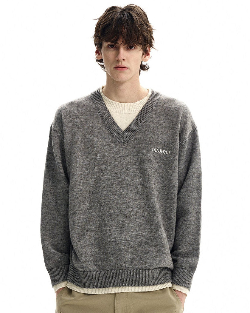 Heather Gray Wool Blend V-Neck Sweater