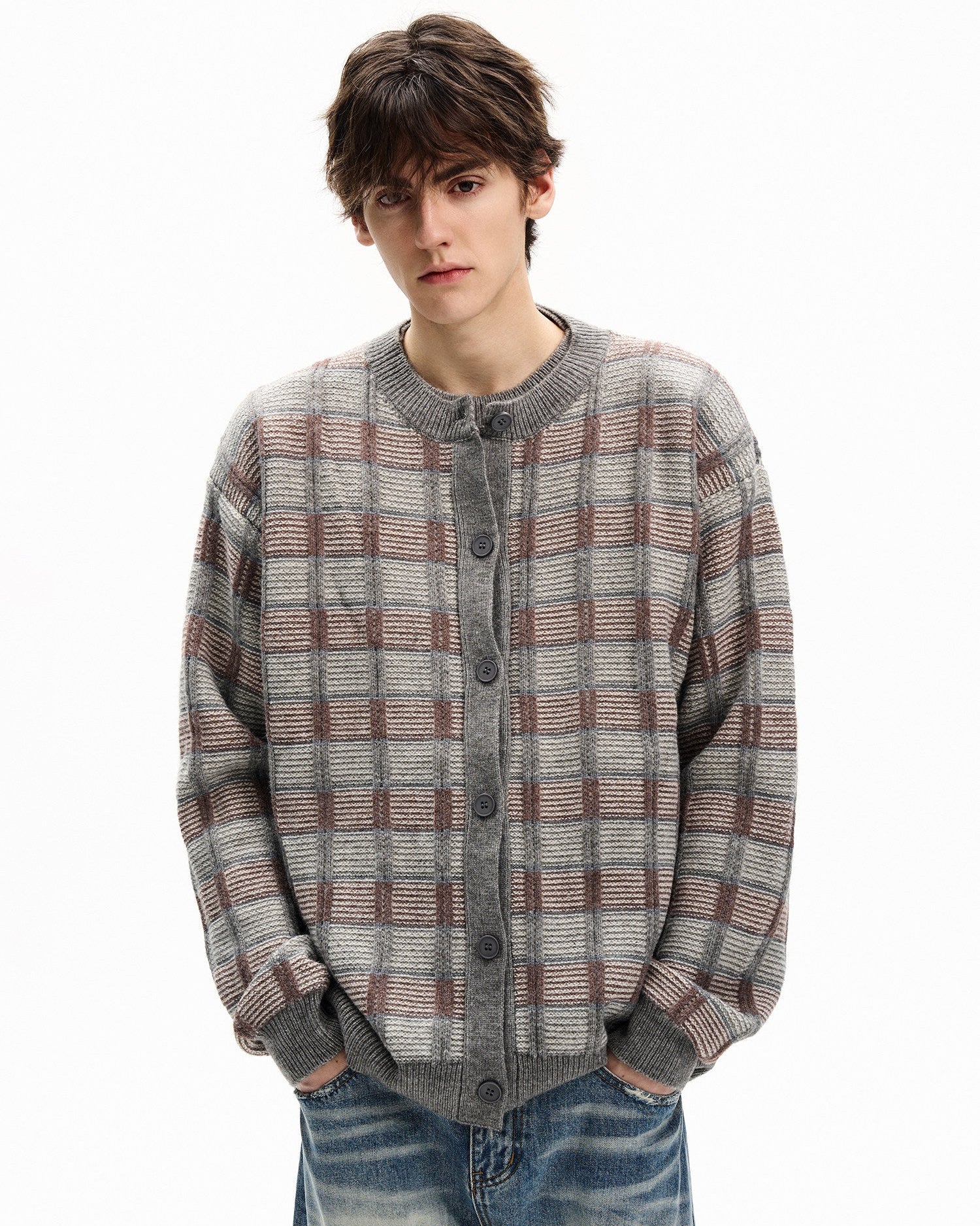 Checkered Wool Blend Cardigan