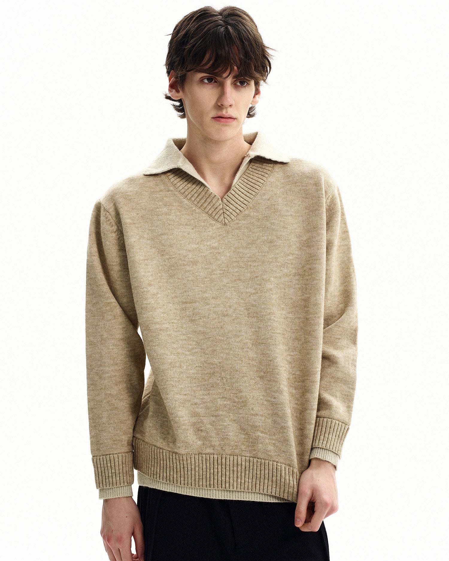 Collared V-Neck Merino Blend Knit Sweater