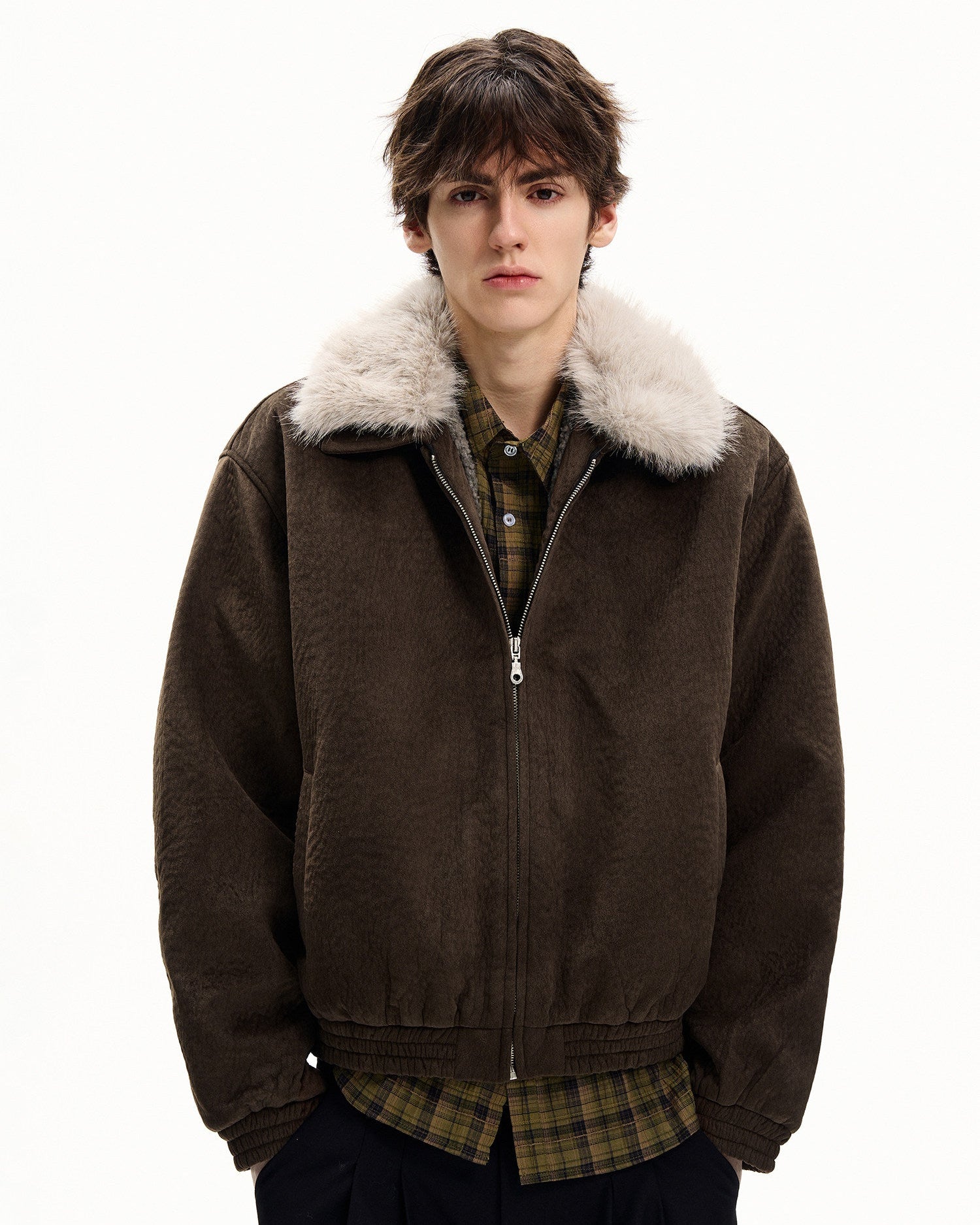 Textured Nylon Faux Fur Collar Jacket