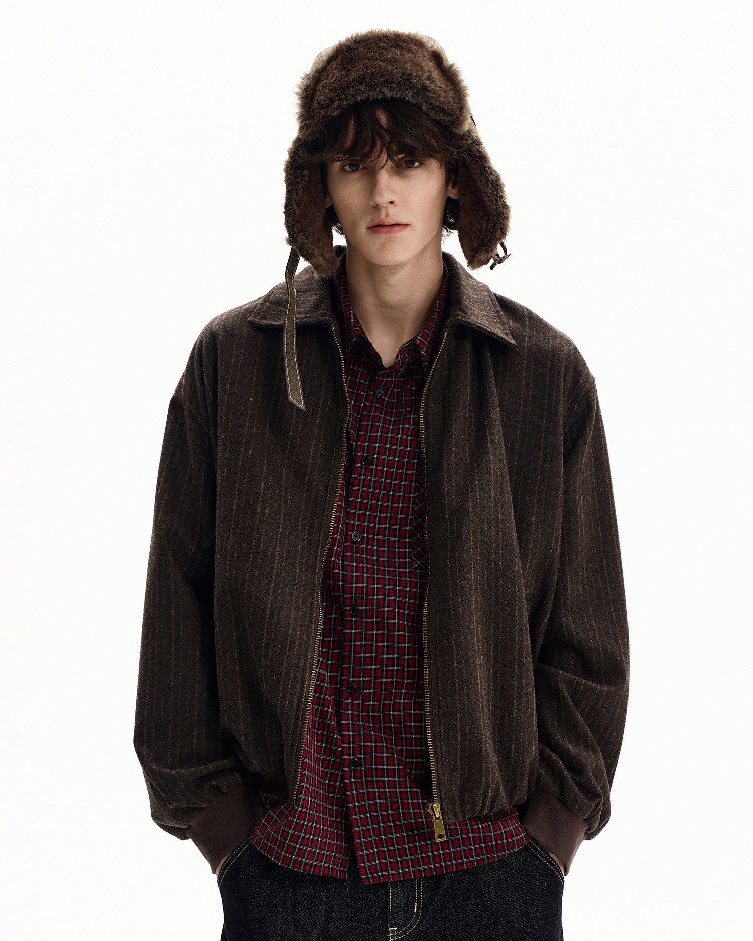 Wool Blend Pinstripe Zip Jacket