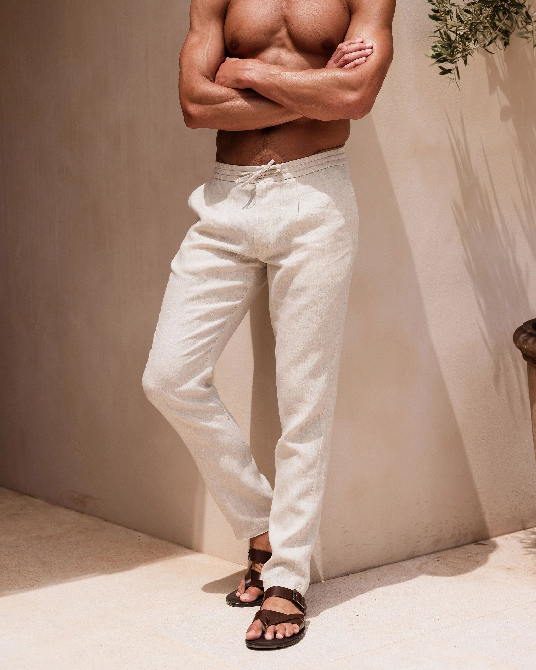 Elastic waistband linen pants - Oatmeal