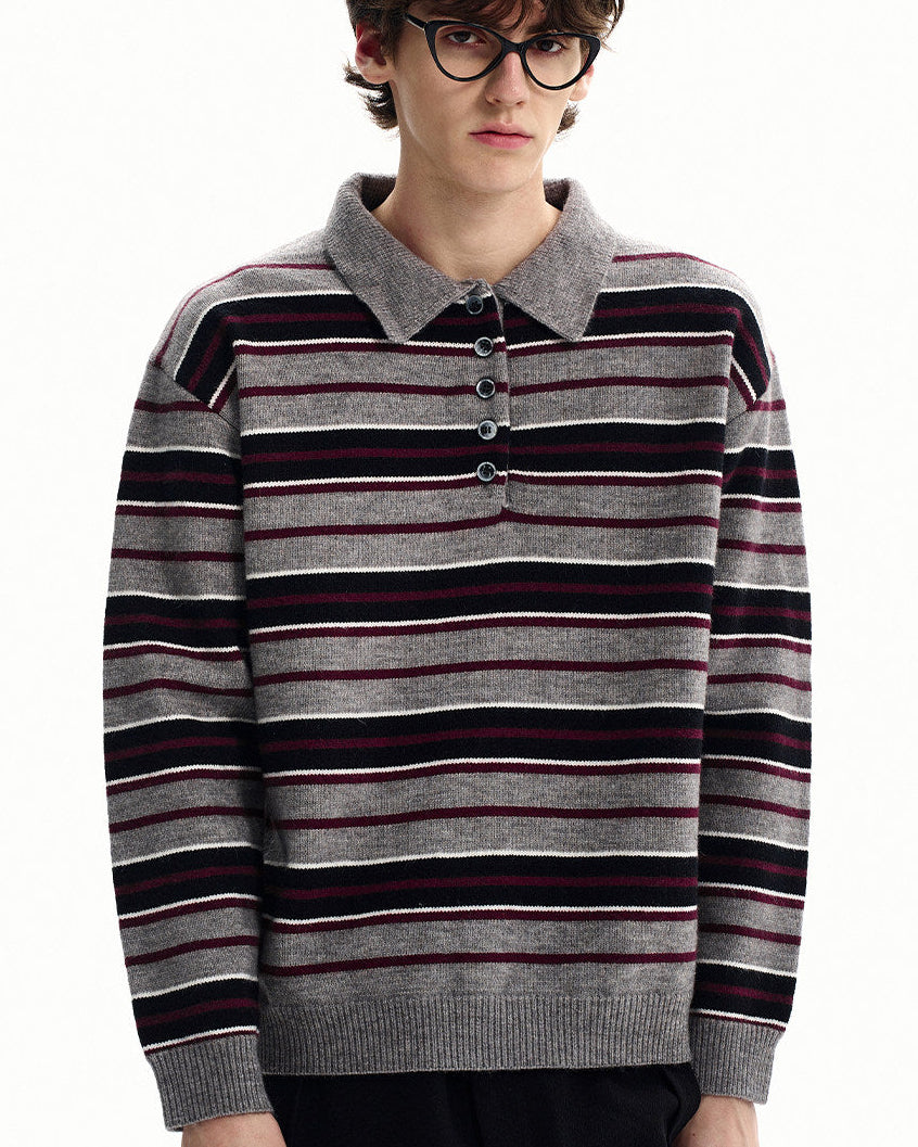 Striped Merino Knit Polo Sweater