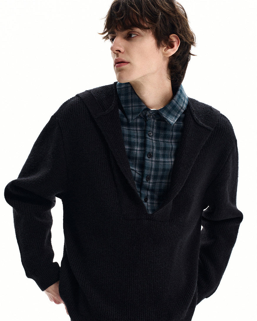 Plaid Insert Hooded Knit Sweater