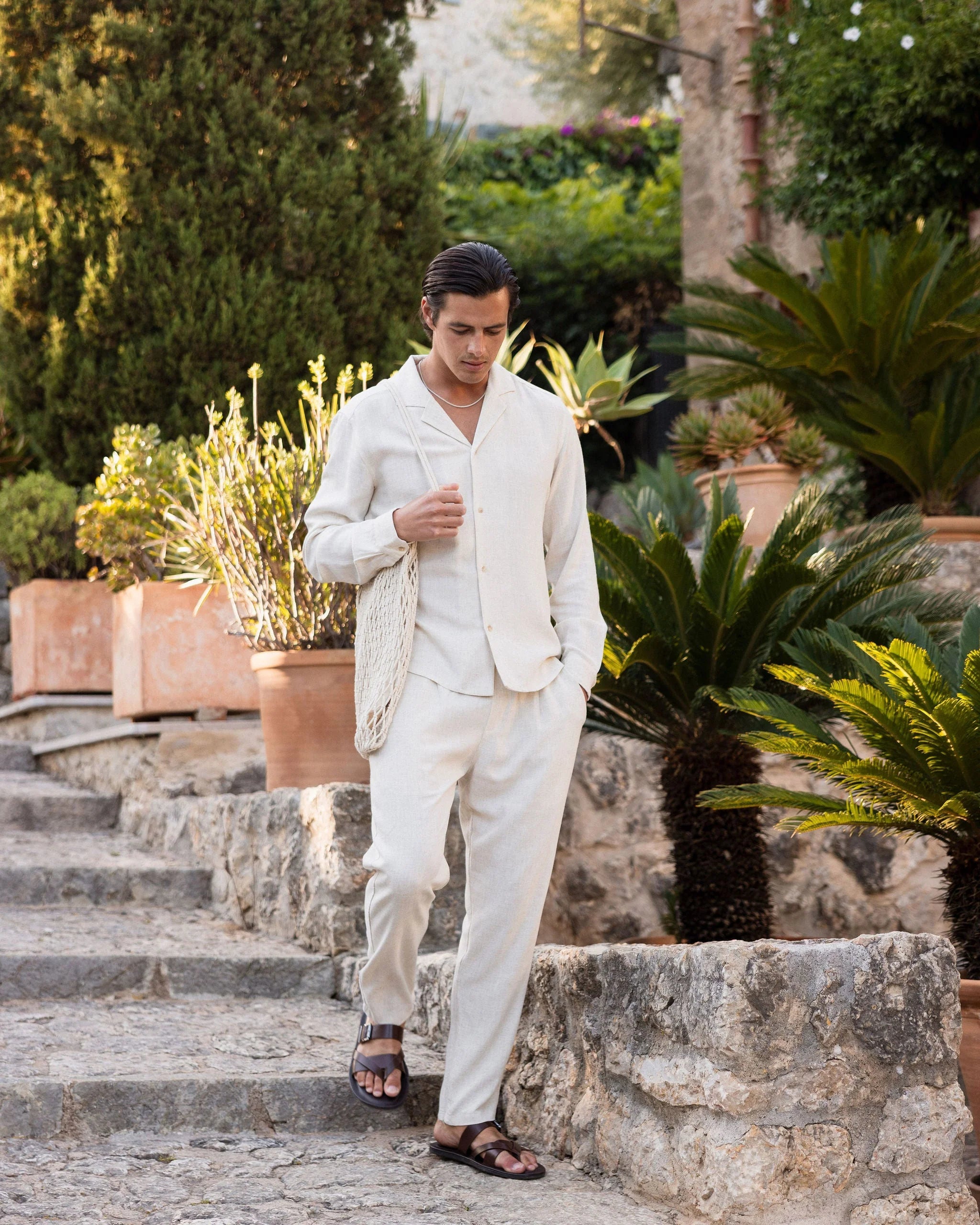 Elastic waistband linen pants beige