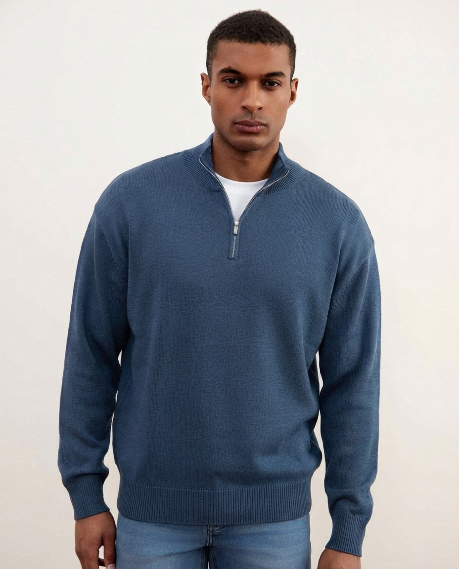 Blue Merino Wool Half-Zip Sweater