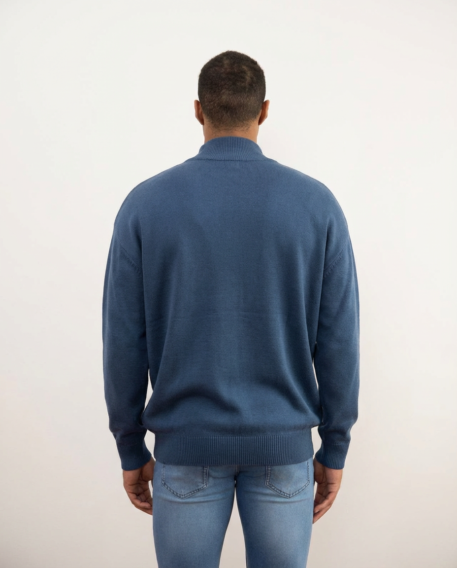 Blue Merino Wool Half-Zip Sweater