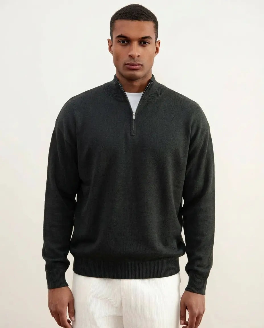 Dark Grey Merino Wool Half-Zip Sweater