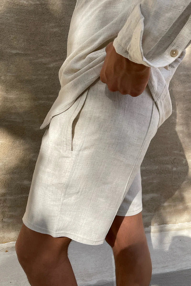 Oatmeal elastic waistband linen short pants