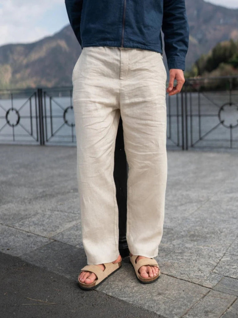 Beige Classic Baggy Linen Pants