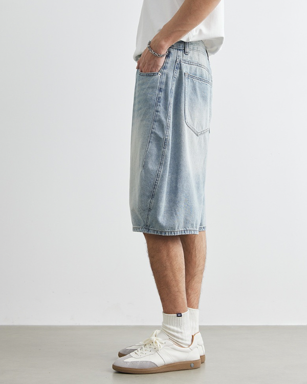 Light Wash 5-Pocket Denim Over the Knee Short