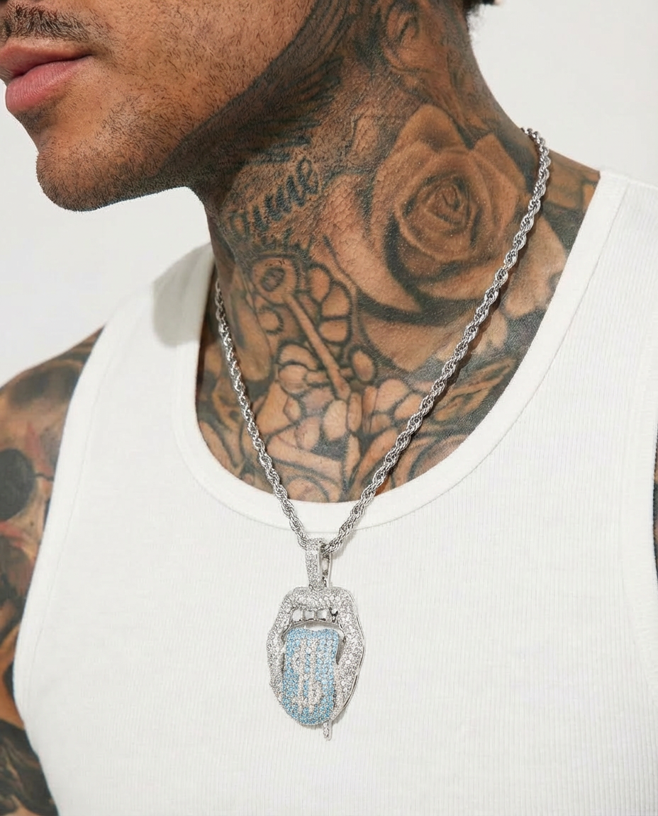 Iced Blue Tongue Pendant Necklace