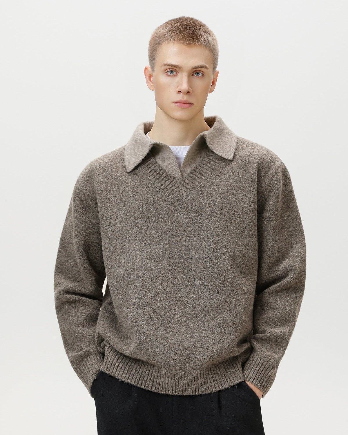 Wool Blend Collar V-Neck Knit