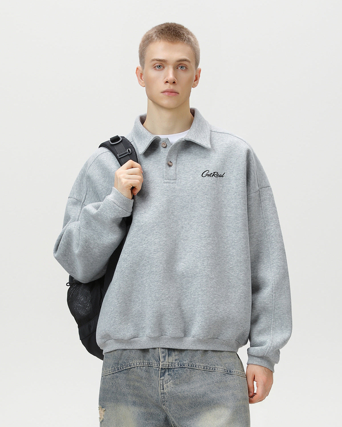 "Get Real" Oversized Embroidered Polo Sweatshirt