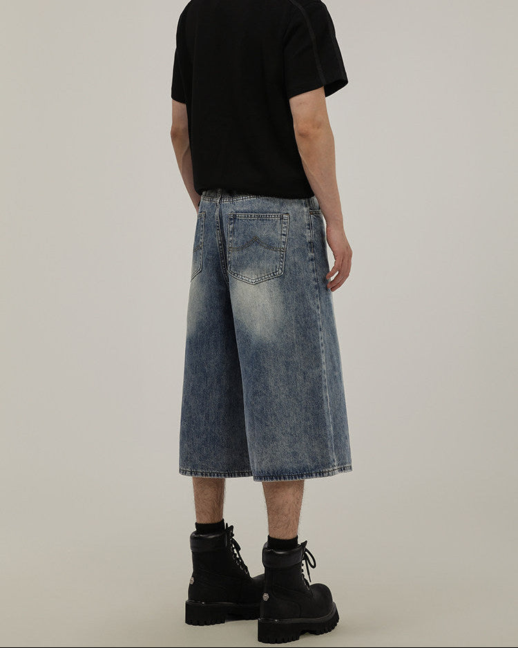 Washed Denim Wide Leg Shorts