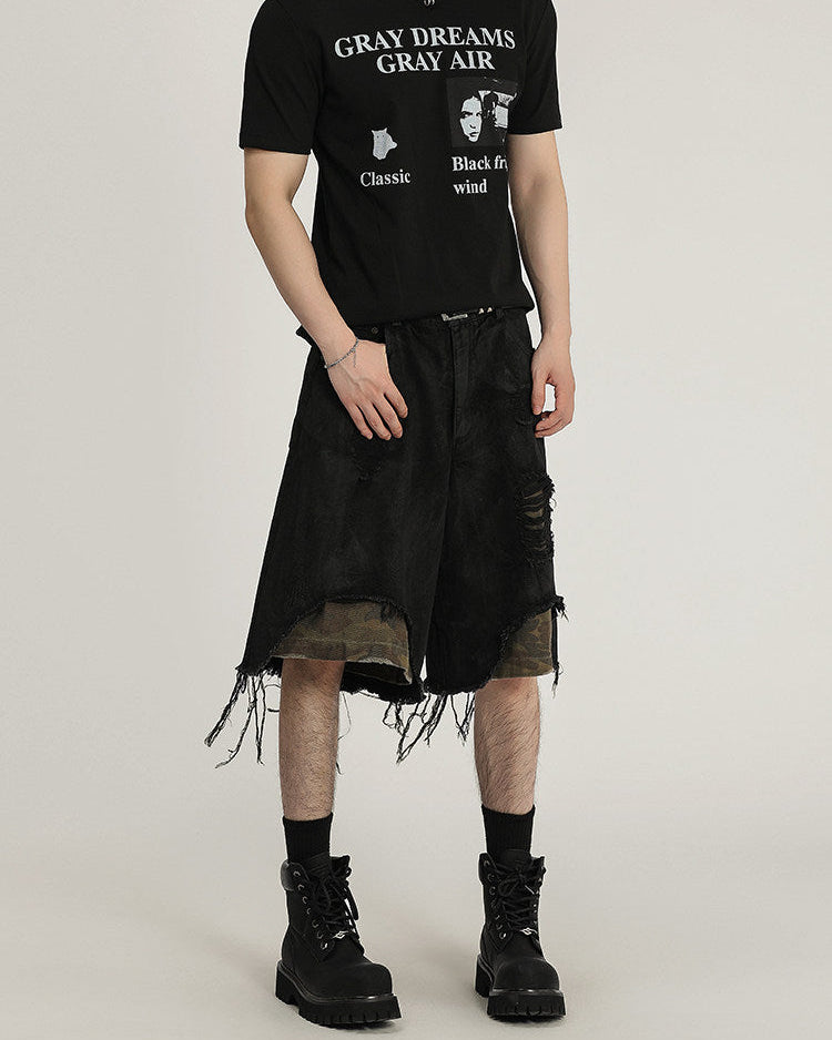Distressed Black Denim Utility Shorts