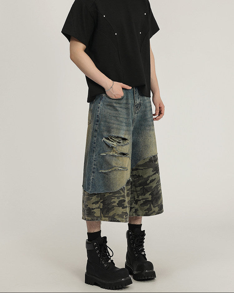 Patchwork Denim Camo Utility Shorts