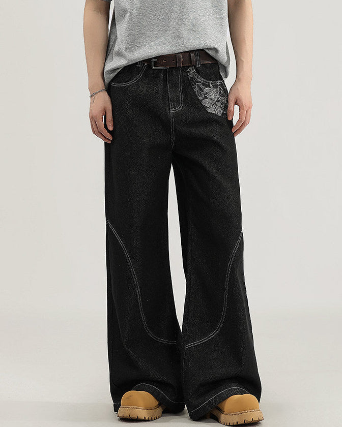 Wide-Legged Denim Jeans with Contrast Stitching