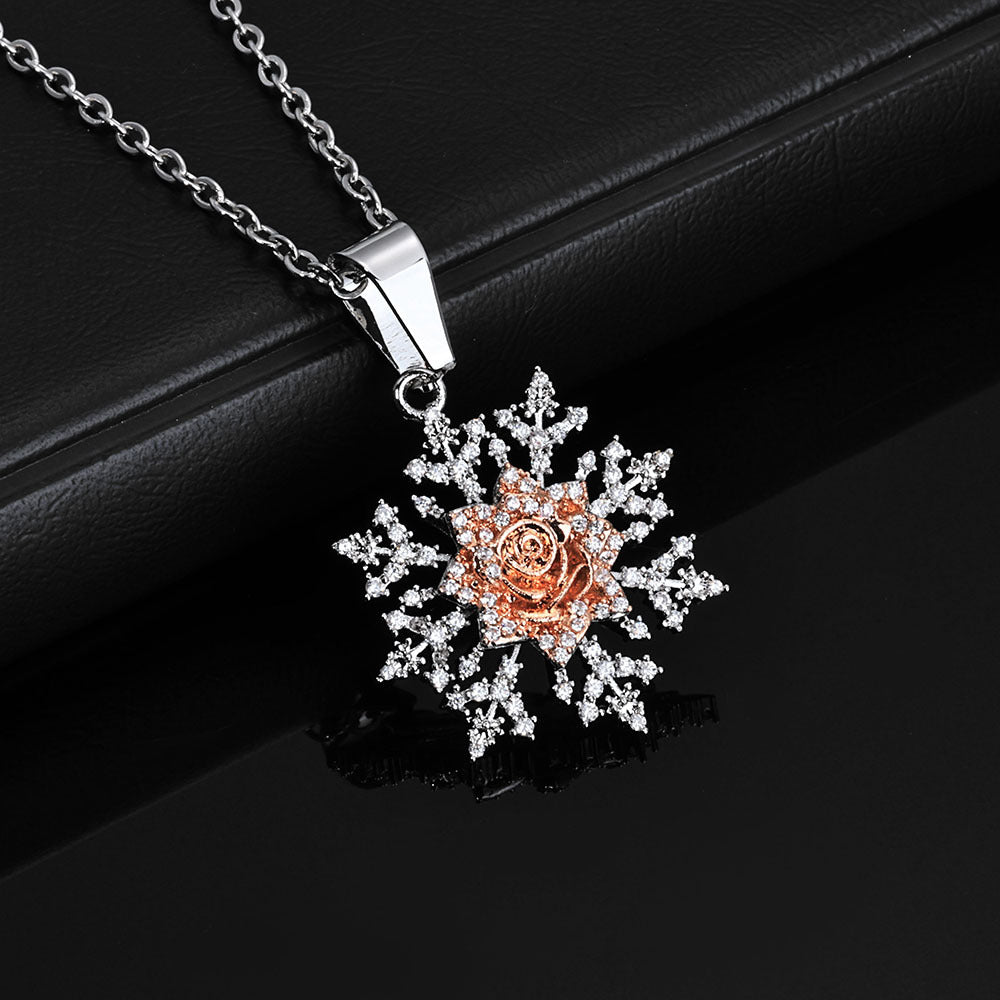 Two-Tone Snowflake Rose Necklace – Silver & Rose Gold