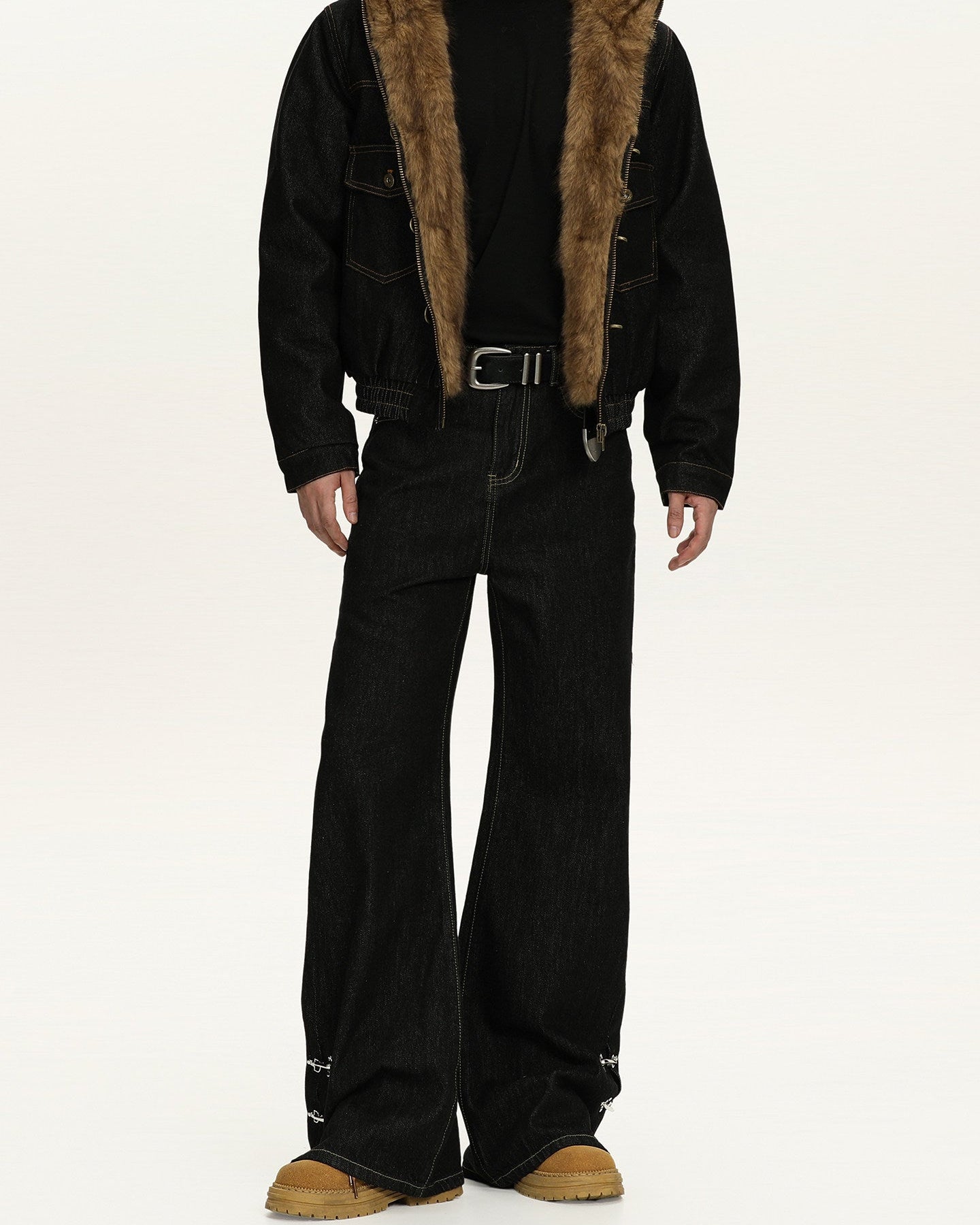 Raw Denim Buckle Wide Leg Jeans