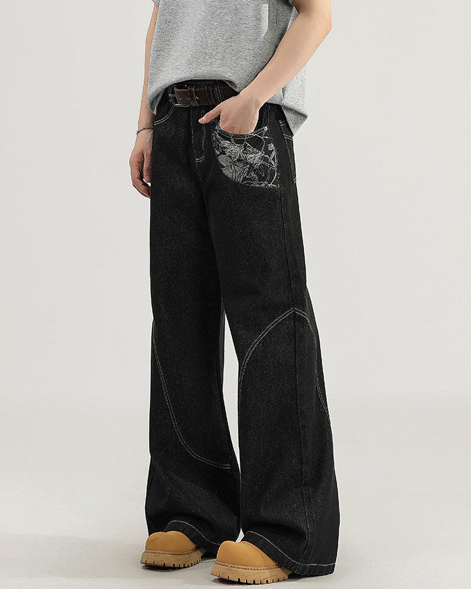 Wide-Legged Denim Jeans with Contrast Stitching