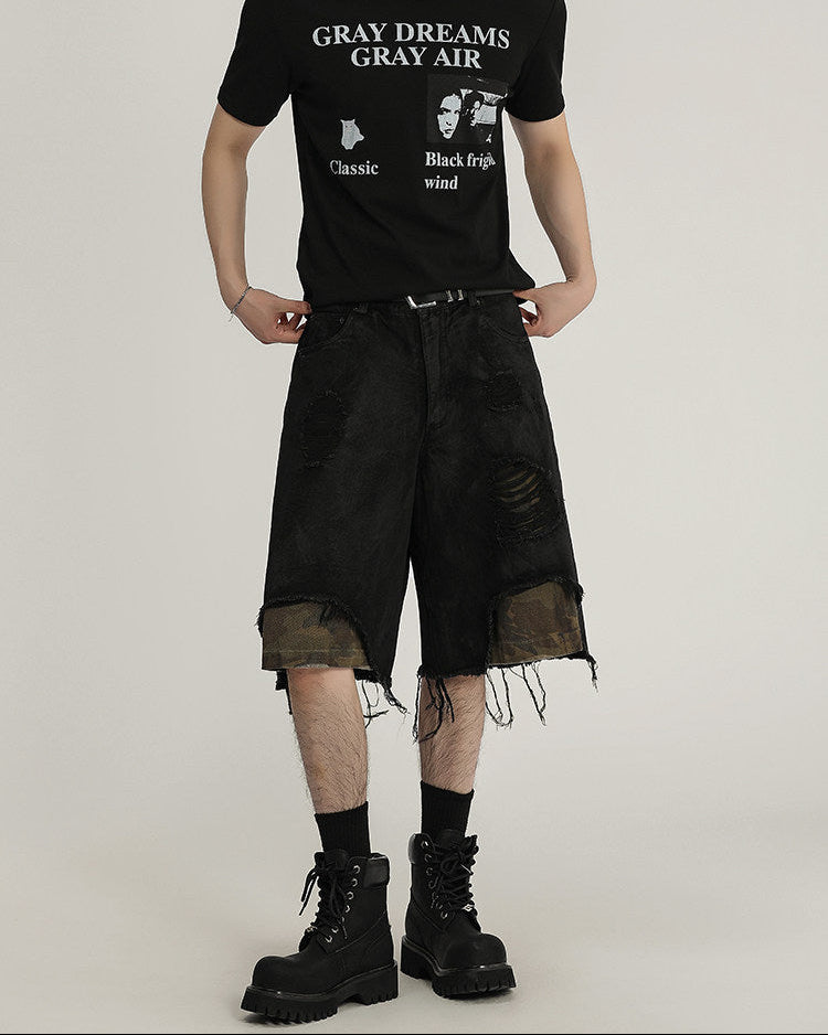 Distressed Black Denim Utility Shorts