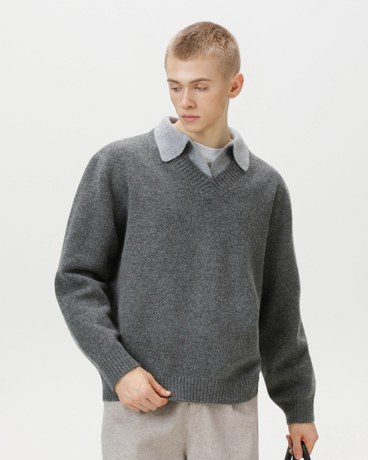 Wool Blend Collar V-Neck Knit