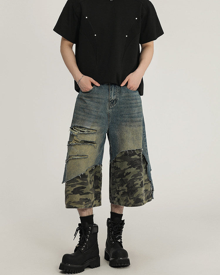 Patchwork Denim Camo Utility Shorts
